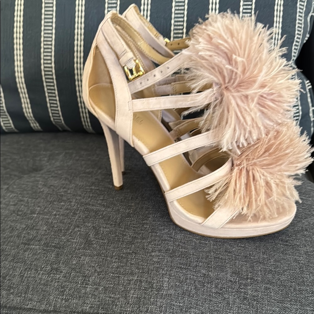 Elegant Blush Strappy Heels with Fluffy Accents